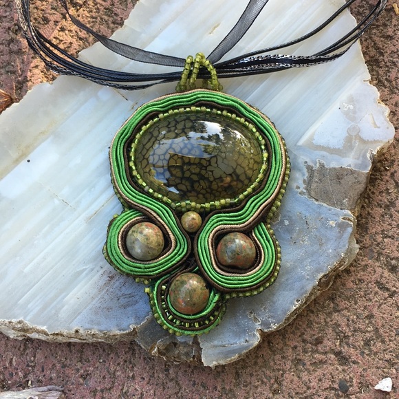Jewelry - Dragonskin jasper green soutache pendant handmade